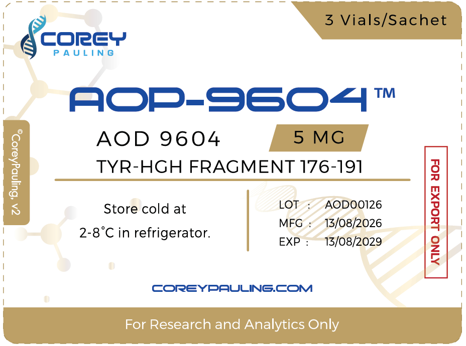AOP-9604 AOD 9604 Tyr-hGH fragment 176-191 5 mg sachet label, 3 vials per sachet